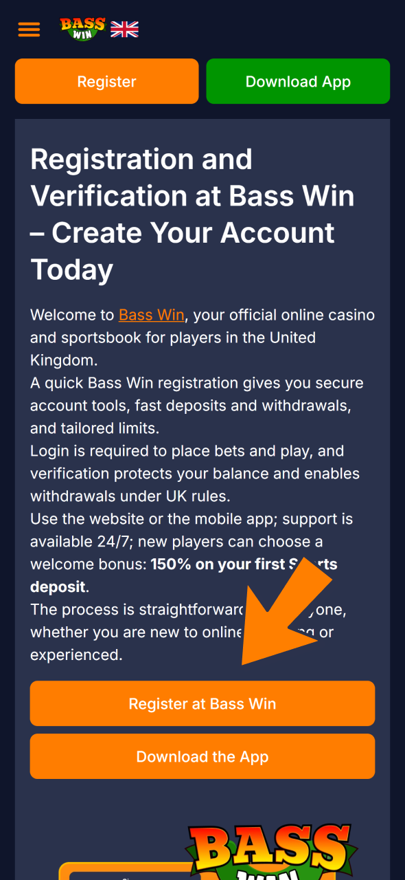 Click any registration button on this site to create Bass Win account.