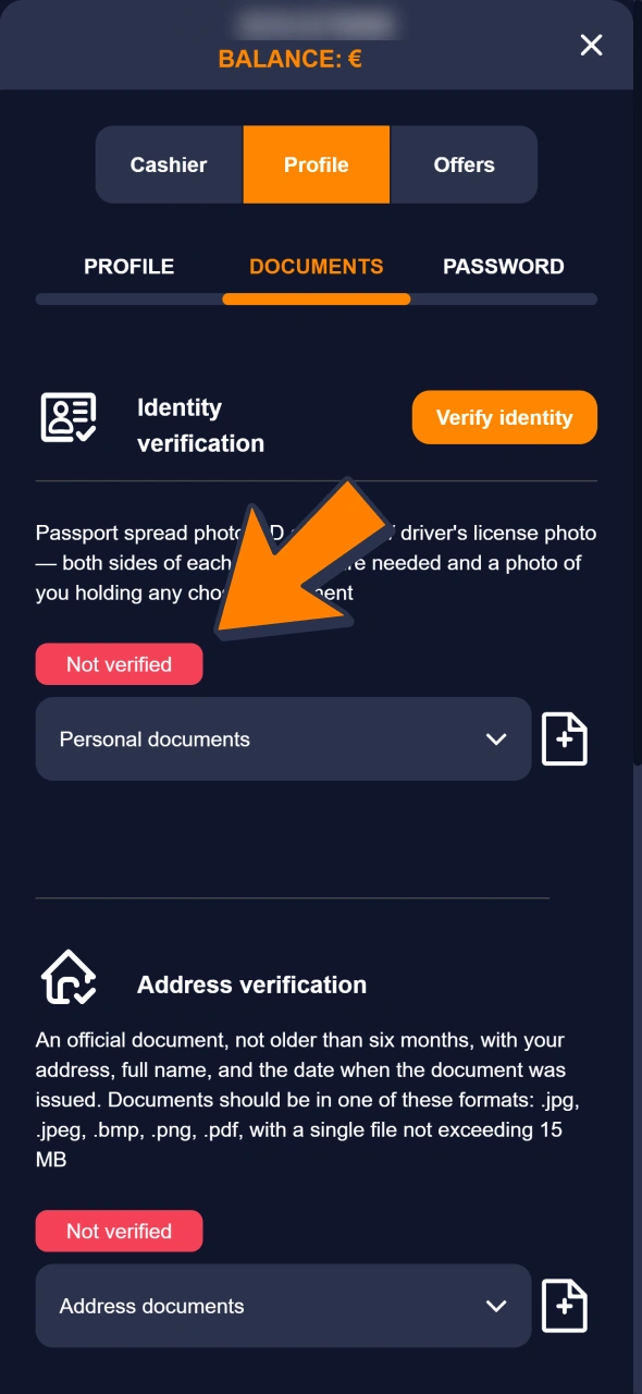 Add ID or other documents to complete Bass Win verification for withdrawing.