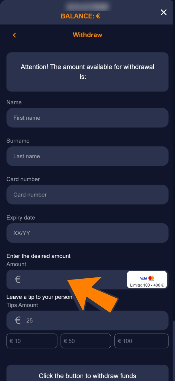 Enter amout of winnings you want to withdraw from your Bass Win account.