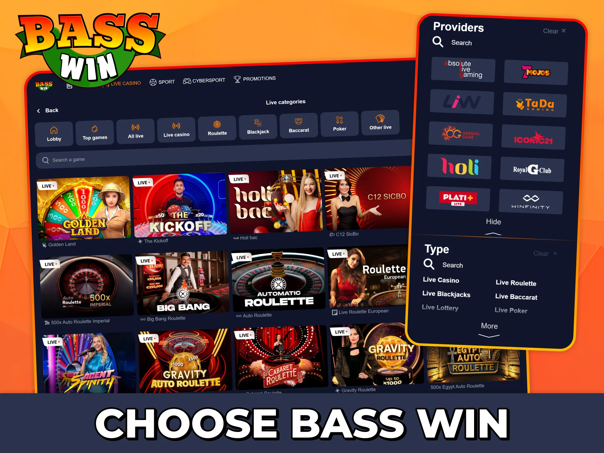 Play many different fair live casino games at Bass Win.