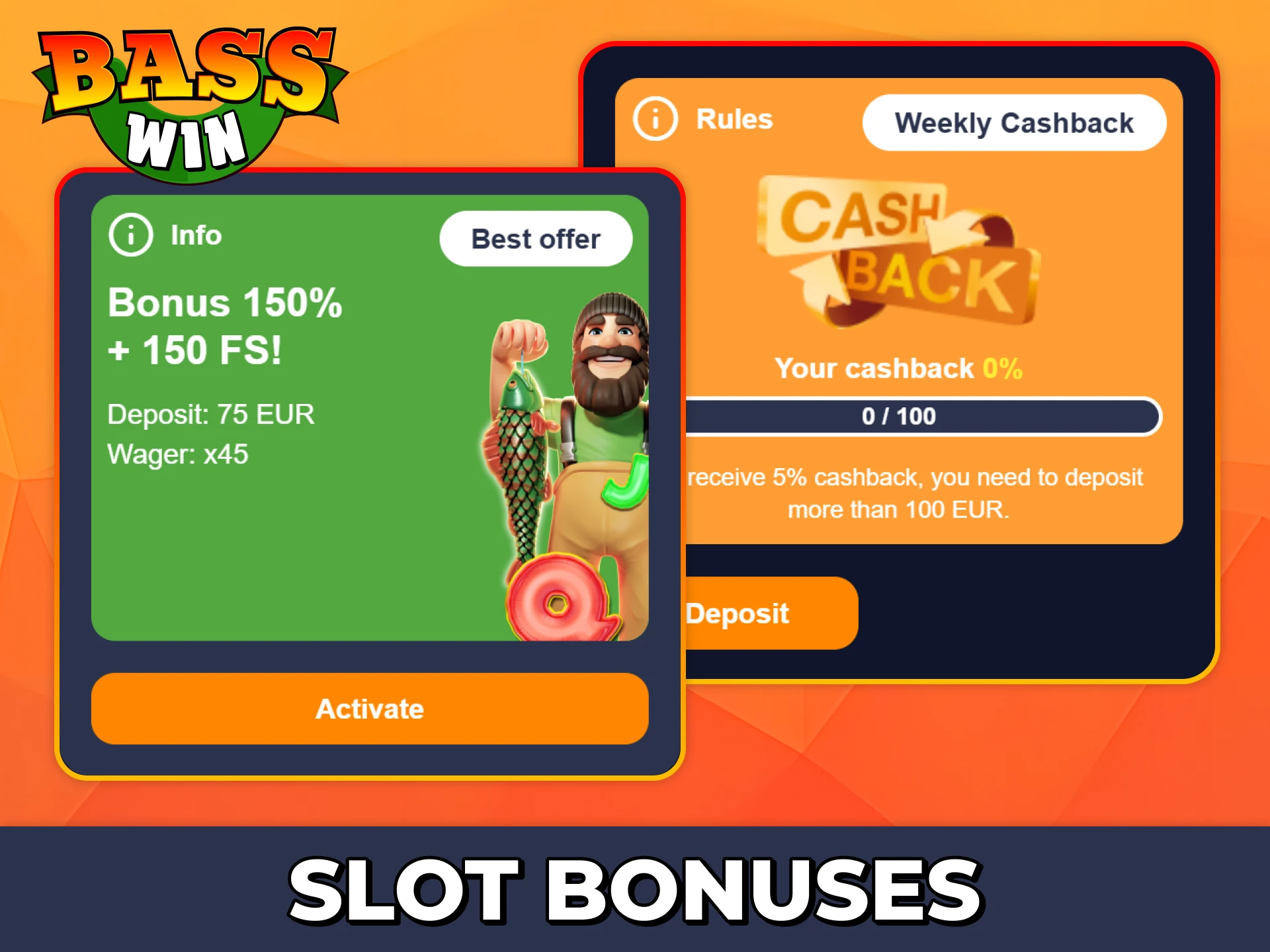 Claim bonuses and weekly cashback for playing slots at Bass Win.